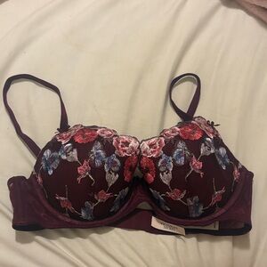 Victoria's Secret Burgundy Floral Embroidered Lined Demi Bra